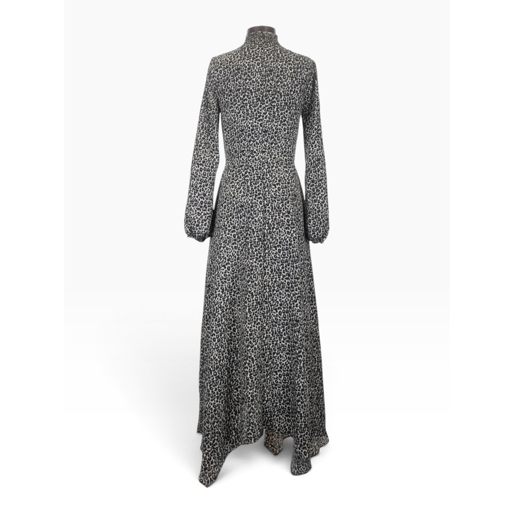 Halston Leopard Print Mock Neck Smocked Maxi Dress Long Sleeve Size 2